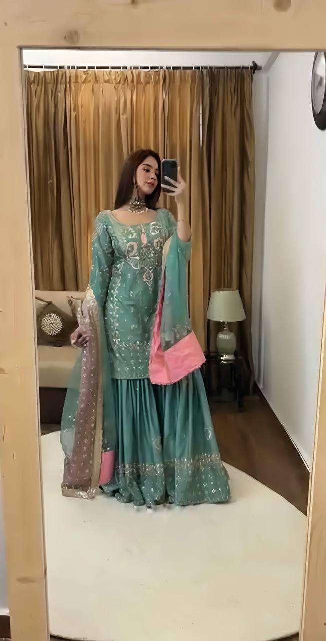 Women's Chinon Silk Heavy Embroidery Straight Kurta With Sharara and Dupatta set - Image 5